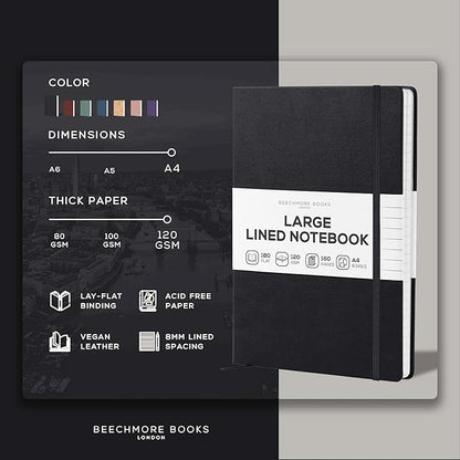 BEECHMORE BOOKS Lined Journal Notebook, 8.5 x 11.5 inch, A4 160 Lined Pages, Hardcover Leather Journals for Women, Men, Writing and Notebooks for Work - 120 GSM Thick Paper, Gifts Box Included