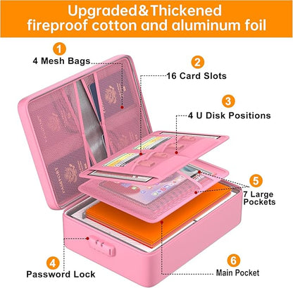 DocSafe 5200°F Document Organizer with Lock,Upgraded Heat Insulated Fireproof＆Waterproof Box 8 Layers File Organizer,Portable Home Travel Safe Storage for Important Documents, Files,Pink (Soft)