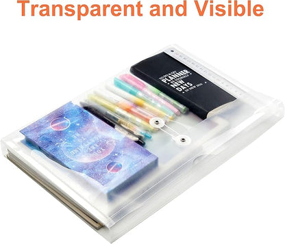 12 Pack Plastic Letter Size Envelopes with Button & String Tie Closure, 1-1/6" Expansion, Side Load, Clear Poly Reusable File Folders Project Paper Documents Organizer for Office School & Home