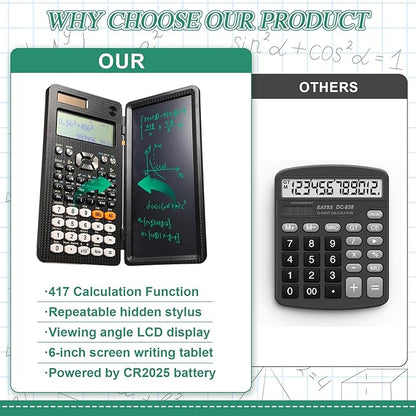 Scientific Calculators with LCD Writing Tablet Math Calculator for School Solar Powered Calculator Small Calculator with Notepad for Middle High School Student(991ES, 417 Functions)