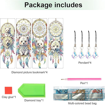 4 Pcs 5D Diamond Art Bookmarks for Book Lovers, Cute Animal Dreamcatcher Rhinestone PU Leather Diamond Crafts Bookmarks for Adults, Tassel Beaded Book Mark for Graduation Birthday Reading Present