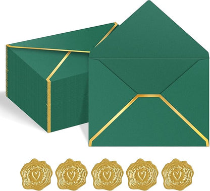 60 Pack Gold Envelopes 5x7 Bulk Green, 250G Pearled Cardstock A7 Envelopes for Invitations Business Mailing Envelope with Gold Foil Border, A6 4x6 Envelopes for Wedding Baby Shower Cards