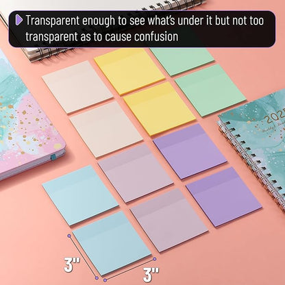 Mr. Pen- Transparent Sticky Notes, 3”x3”, Morandi Colors, 12 Pads, 600 Sheets, See Through Sticky Notes, Bulk Sticky Notes Transparent, Translucent Sticky Notes, Clear Transparent Sticky Notes Clear
