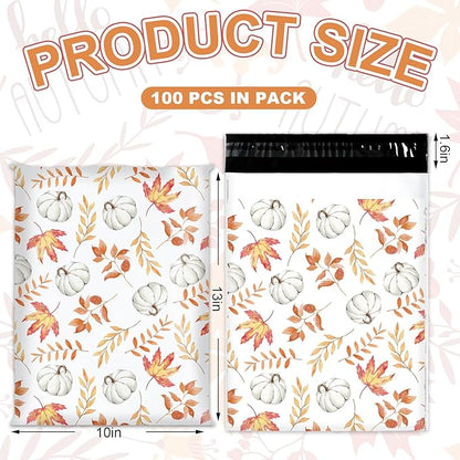 100Pcs Fall Poly Mailers 10 x 13 Inch Pumpkin Leaves Autumn Mailing Bags Thanksgiving White Orange Self-Sealing Plastic Packaging Envelopes Bags Shipping Bags for Small Business Clothing