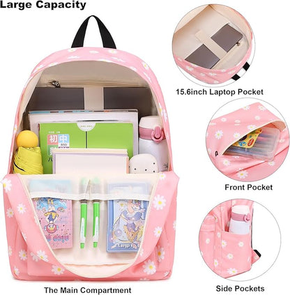 Flowers School Backpack for Teens Girls, Womens College Bookbags Kids School Bags Laptop Backpacks (Pink)