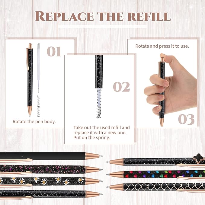 Sherr 7 Pcs Fancy Pens for Women Cute Sparkly Glitter Pens with 10 Pcs Black Ink Refills Pretty Gifts for Girls Office School Christmas Graduation(Black,Simple)