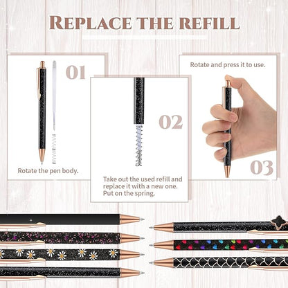 Sherr 7 Pcs Fancy Pens for Women Cute Sparkly Glitter Pens with 10 Pcs Black Ink Refills Pretty Gifts for Girls Office School Christmas Graduation(Black,Simple)