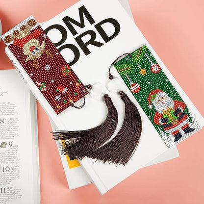 Anseal Christmas Diamond Painting Bookmarks for Book Lovers, Rhinestone PU Leather Diamond Art Bookmark for Women Girls, Tassel Beaded Book Mark for Graduation Birthday Christmas Reading Present