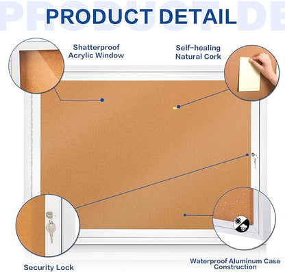 SWANCROWN Outdoor Enclosed Cork Bulletin Board Weatherproof Display Cases Tamperproof Notice Poster Memo Board with Aluminum Frame (Cork, 37x28 inches)