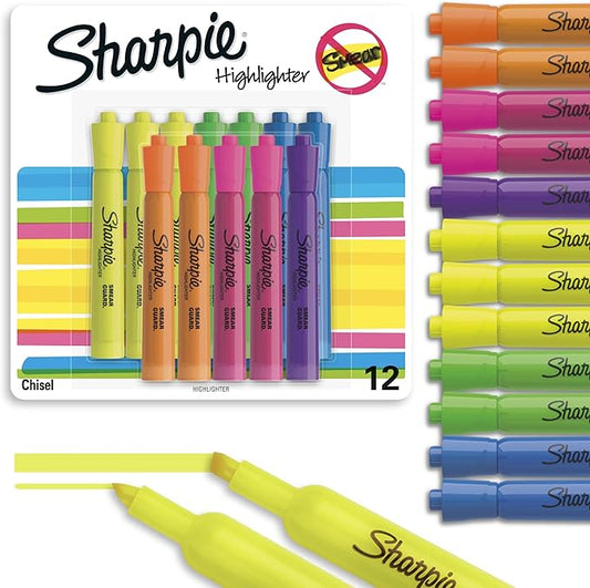 Sharpie Tank Style Highlighters, Chisel Tip Fluorescent Highlighter Marker Set, Office And Teacher Supplies, Assorted, 12 Count