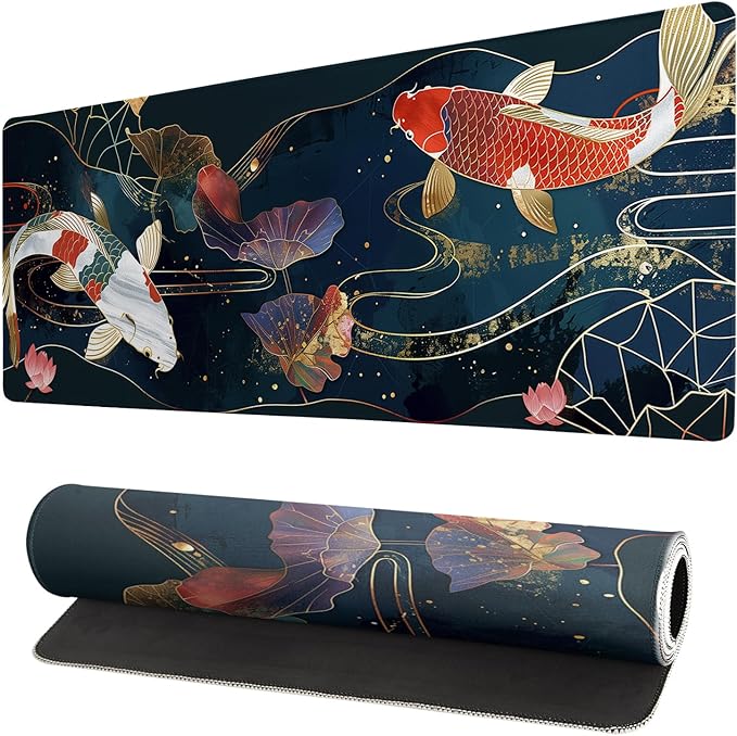 Gaming Mouse Pad Desk Pad,Extended Big Mouse Pad,31.5x11.8 Inch Long Computer Keyboard Mouse Mat Mousepad with 3mm Non-Slip Base and Stitched Edge for Gaming and Office… (koi)