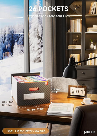 ABC life 26 Pockets Accordion File Organizer, Expanding File Folders, Portable Monthly Bill Receipt Organizer with Colorful A-Z Tabs, Desktop Folders Letter A4 Paper Document Storage for Home Office