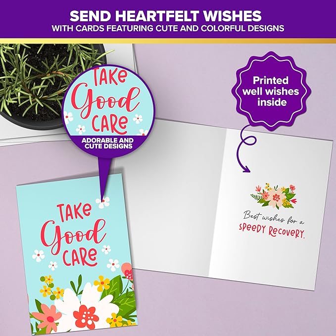 Decorably 24 Pack 4x6in Cute Get Well Cards Assortment Box with Envelopes and Stickers, 24 Unique Designs Get Well Soon Cards with Printed Message Inside