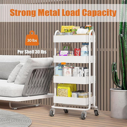 4-Tier White Rolling Cart,Metal Utility Rolling Cart with Handle,Steel Multifunction Rolling Carts with Wheels,Kitchen Storage Carts Suitable for Office,Home,Kitchen,Garden(13.4"x18.1"x40") White