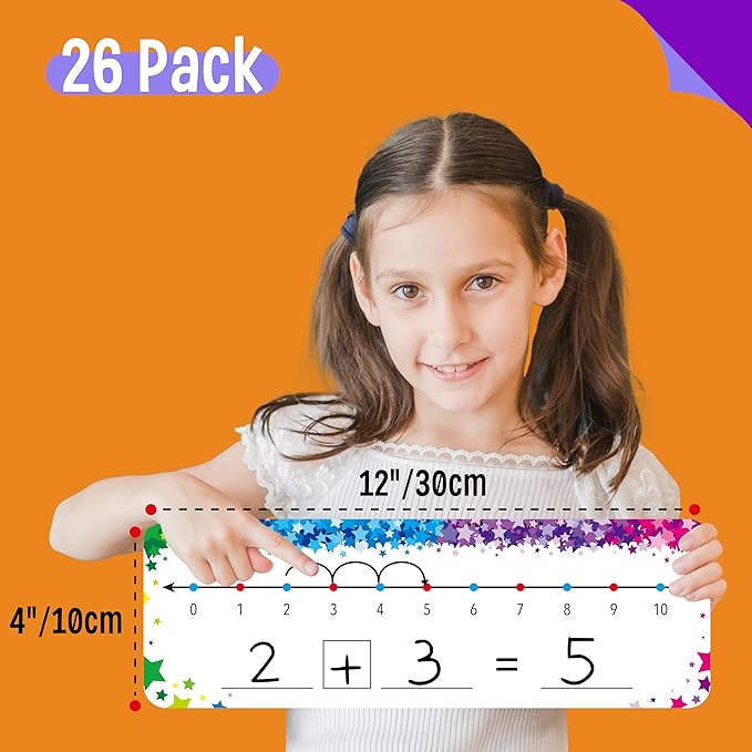 26 PCS Number Line Dry Erase Boards, Writable and Erasable Double Sided Board-0-10 on One Side & 0-20 on Other Side Math White Board for Kids, Students, Classroom and Home (12” x 4”, Colorful Stars)