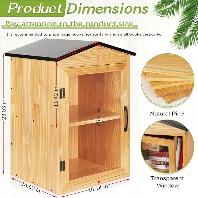 Outdoor Library Box Literature Exchange Box Outdoor Book Storage Little Wood Cabinet for DIY, Neighborhoods Community and Schools Sharing Books, Literature and Newspapers (16x14x25 Inch)