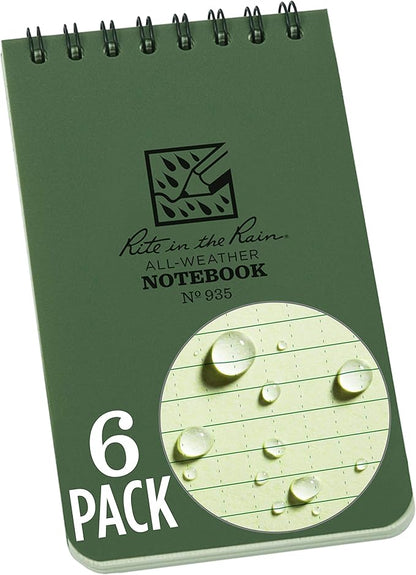 Rite in the Rain Weatherproof Top Spiral Notebook, 3" x 5", Green Cover, Universal Pattern, 6 Pack (No. 935L6)
