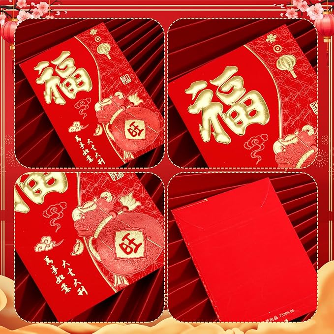 36pcs Chinese Red Envelopes, New Year Hong Bao with Classic Patterns and Blessing Words Lucky Money Lunar New Year Envelopes Lai See Pocket Gift Packet for Festival