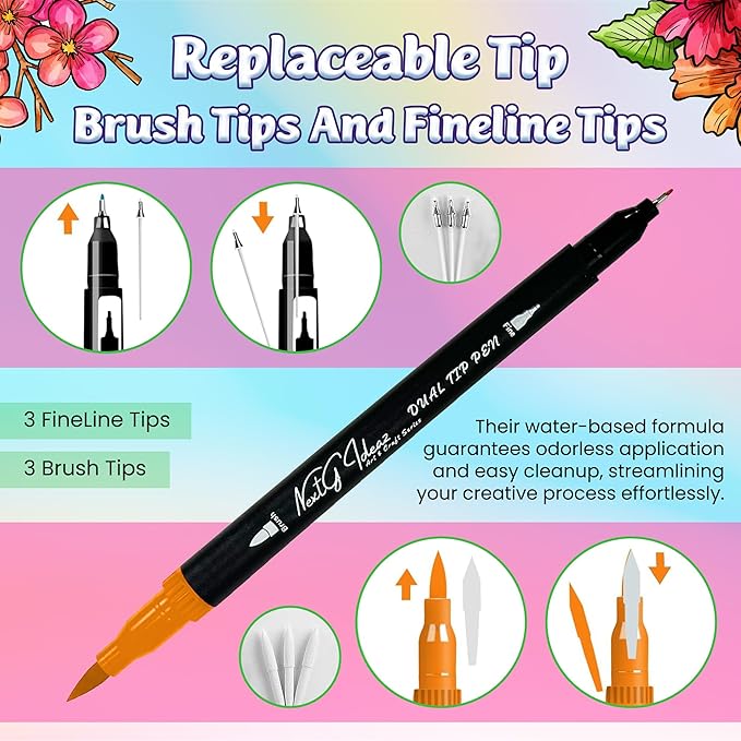 Dual Tip Brush Art Marker Pens, 80 Unique Bright Color, Water-Based Ink, Fineliner & Brush Tip Pens for Arts Lovers Coloring Drawing Book, Calligraphy Writing, Sketching and Doodling