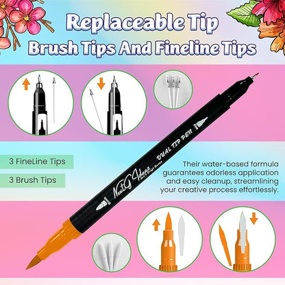 Dual Tip Brush Art Marker Pens, 80 Unique Bright Color, Water-Based Ink, Fineliner & Brush Tip Pens for Arts Lovers Coloring Drawing Book, Calligraphy Writing, Sketching and Doodling