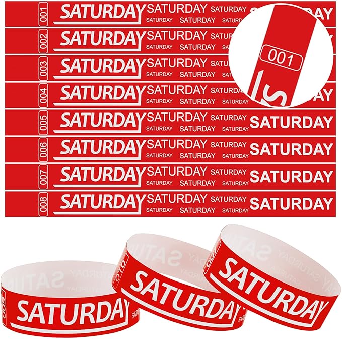 Henoyso 600 Pcs Saturday Paper Wristbands Event Wristbands Paper Bracelets Wristbands Numbered Waterproof Party Wristbands for Events Day of The Week(Red)