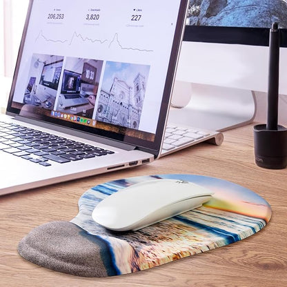 JIKIOU Mouse Pad, 2 Pack Ergonomic Mouse Pads with Comfortable Gel Wrist Rest Support and Lycra Cloth, Non-Slip PU Base for Easy Typing Pain Relief Durable and Easy to Clean Small Beach