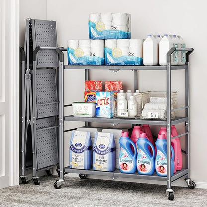 Rolling Utility Cart Folding Cart with Wheels - 3 Tier Collapsible Metal Cart, Large Capacity