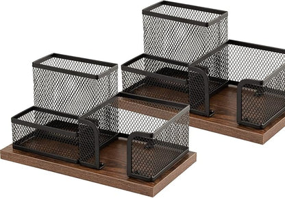 Antique Wood & Mesh Pen Holder Office Supplies Caddy, Storage Baskets for Desktop Accessorieswith Sticky Notes Holder,3 Compartments(2 Pack Black)