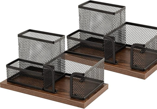 Antique Wood & Mesh Pen Holder Office Supplies Caddy, Storage Baskets for Desktop Accessorieswith Sticky Notes Holder,3 Compartments(2 Pack Black)
