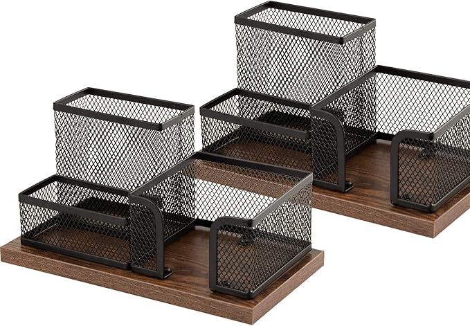 Antique Wood & Mesh Pen Holder Office Supplies Caddy, Storage Baskets for Desktop Accessorieswith Sticky Notes Holder,3 Compartments(2 Pack Black)