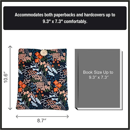 Floral Embroidered Canvas Book Sleeve - Elegant Book Cover, Padded Protector for Paperbacks & Hardcovers, Ideal for Book Lovers, Wooden Button (Meadow, Blue, Large)