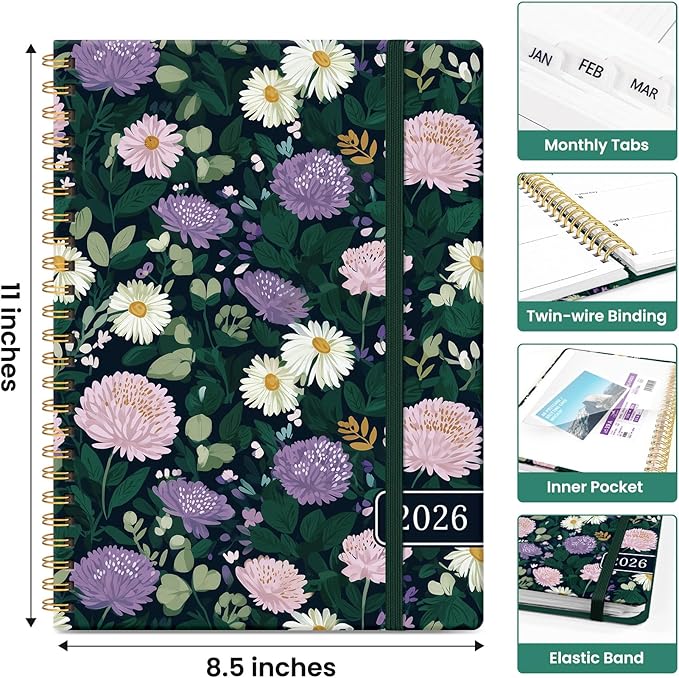 2026 Planner, Aesthetic Weekly and Monthly Planner for Women, Jan 2026 to Dec 2026, Hardcover 2026 Calendar Book with Monthly Tabs, Inner Pocket, Perfect for Office Home School - A4 (8.5" x 11"), Wild Asters