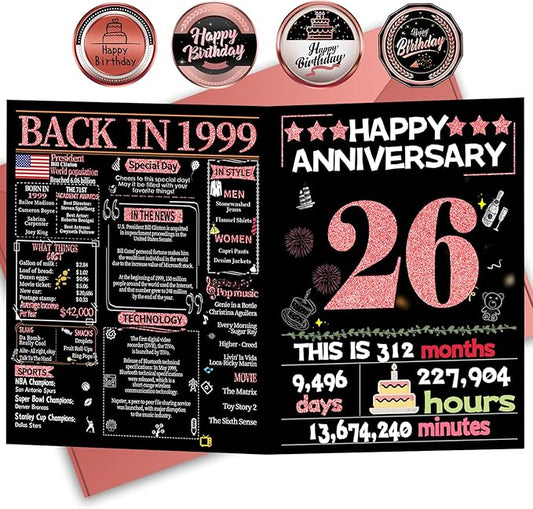 Joycard 26th Anniversary Card for Women, Wedding Card for Wife, Sweet Marriage Decorations Gifts for Couple, Perfect for Her on Anniversary Day, Back in 1999
