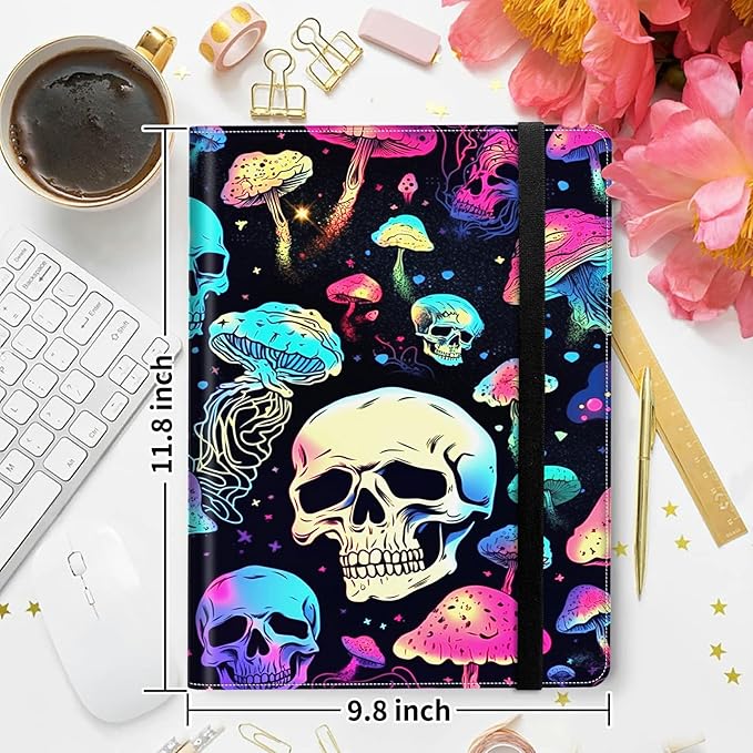 Padfolio Folder with Clipboard,Portfolios Organizer Clipboards with Storage Clipboard Writing Pad PU Leather Conference Document Organizer with Business Card Holder,Mushroom Skull