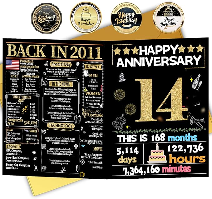 Joycard 14th Anniversary Card for Women Men, Gold Wedding Card for Wife Husband, Sweet Marriage Decorations Gifts for Couple, Perfect for Her Him on Anniversary Day, Back in 2011
