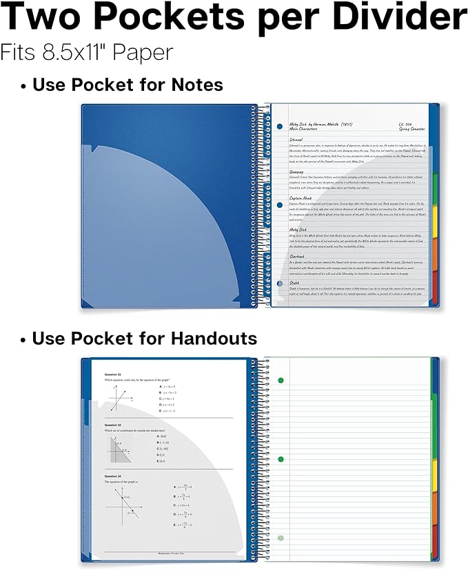 Dunwell 5-Subject Spiral Notebook, College Ruled (Blue), Colorful Movable Pocket Dividers with Tabs, Front/Back Plastic Covers, 200 Sheets (400 Pages) of 3-Hole Punch Perforated 8.5x11 Paper