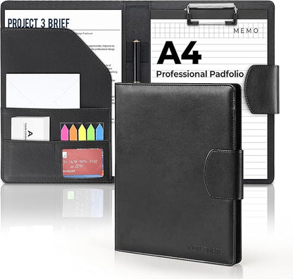 A4 Padfolio Clipboard Folder Portfolio,PU Leather Interview Resume Folder with Magnetic,Document Organizer,Business Card Holder,Letter-Sized Notepad Legal Pad Holder for Men Women School Office,Black