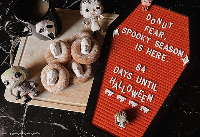 Coffin Letter Board Orange With Spooky Emojis +500 Characters, and Wooden Stand - 17x10.5 Inches - Gothic Halloween Decor Spooky Gifts Decorations