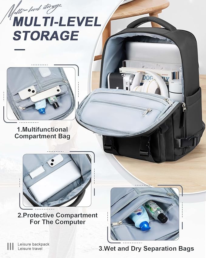 Large Black Travel Backpack for Women Men, Carry On Backpack with USB Charging Port & Shoe Pouch, TSA 15.6inch, Flight Approved, College Nurse Bag Casual Laptop Daypack for Weekender Business Hiking