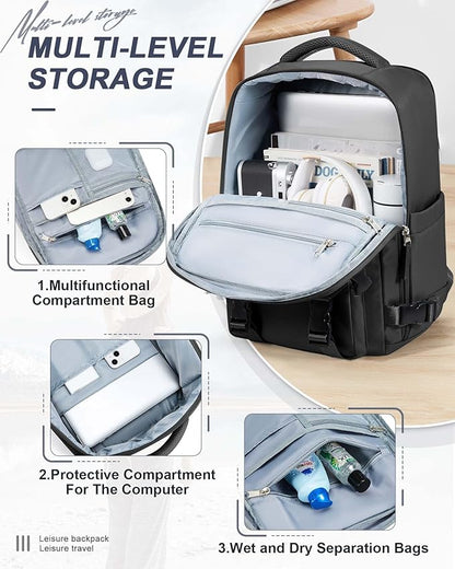 Large Black Travel Backpack for Women Men, Carry On Backpack with USB Charging Port & Shoe Pouch, TSA 15.6inch, Flight Approved, College Nurse Bag Casual Laptop Daypack for Weekender Business Hiking