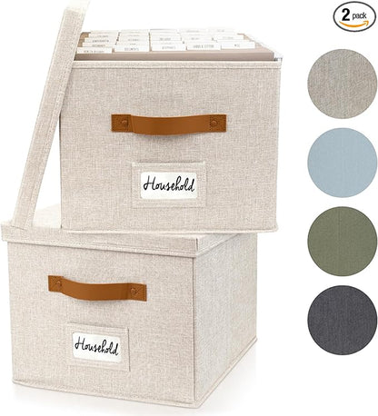 ZICOTO Decorative File Organizer Box Set of 2 - Collapsible Linen Filing Cabinets w/Handles Are Perfect to Store all Your Documents & Hanging File Folders - Portable Easy Slide Crates with Lid