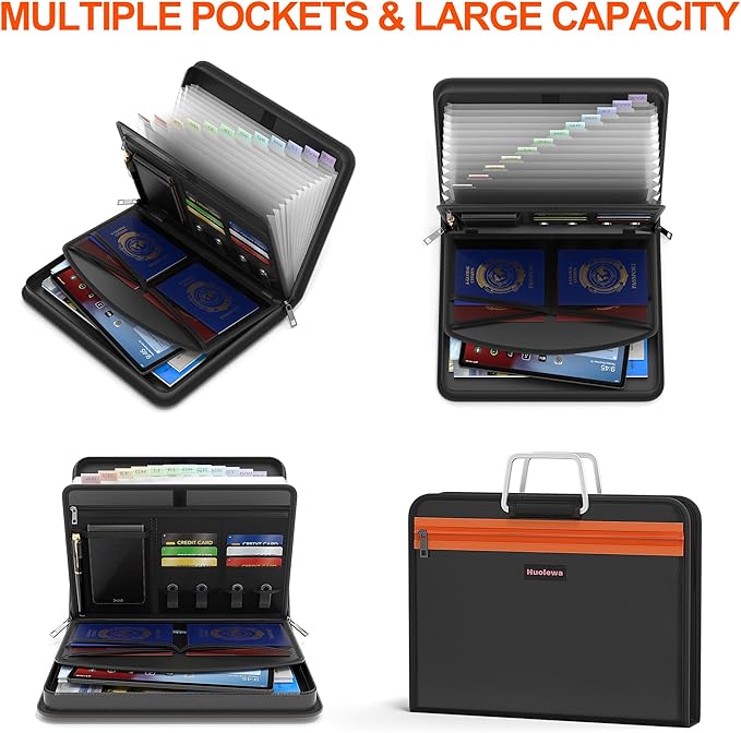 Fireproof Accordion File Organizer with 13 Pocket, Document Organizer with Handle & Labels, Expanding File Folder Multi-Layer Portable Home Travel Storage for Letter A4 Files and More
