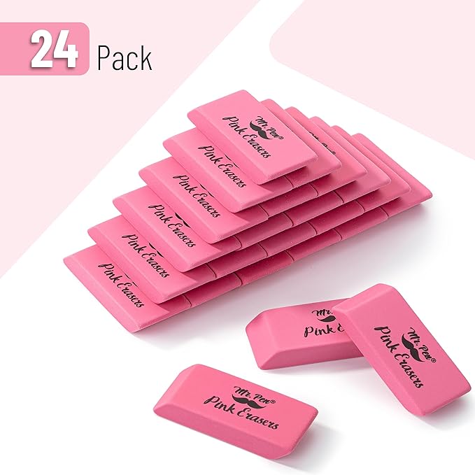 Mr. Pen- Pink Pencil Eraser, 24 Pack, Mr Pen Erasers for Pencils, Large Eraser, Block Erasers for School