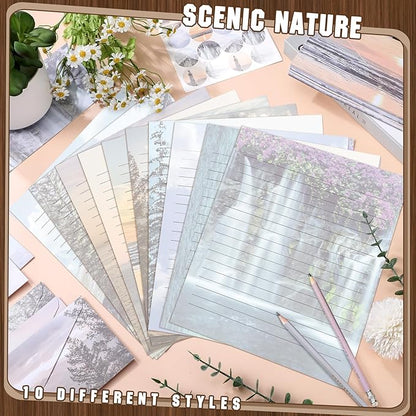 TaoBary 160 Packs Stationery Paper Set (50 Double Sided Stationery Writing Papers 50 Matching Envelopes) 60 Round Dot Sticker, 10 Design (8.5 x 11 Inch,Natural Scenery)