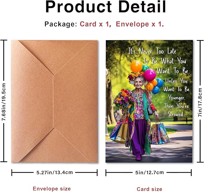 Funny Birthday Card for Old Women, 60th-90th Birthday Greeting Card, Modern Style, 5x7 inches, Blank Inside, Envelope Included