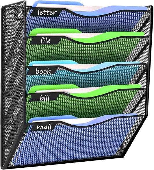 Kuntine.B 5 Pockets Wall File Holder Organizer Office Hanging Magazine Rack Wall File Organizer for Office Home, Black
