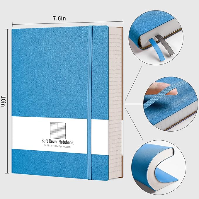 AHGXG College Ruled/Lined Notebook - 320 Numbered Pages B5 Large Notebooks for Work, Thick Journals for Men Women, 100gsm Thick Paper, Faux Leather Softcover, Inner Pocket, 7.6'' X 10''-Blue