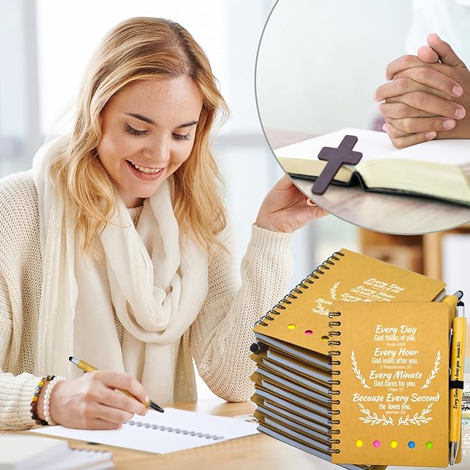 100 Pcs Bulk Christian Gifts Prayer Journal for Woman - 50 Set Religious Notepad with Christian Pen - Bible Notebook - Church Gifts for Mother's Day, Bible Study, and Family Devotions ( Brown )