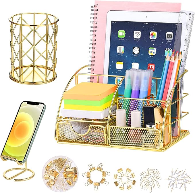 JUOPIEA Desk Organizers and Accessories Office Supplies Organizer with Pen Holder, 72 Clips Set and Phone Stand, Metal Mesh Desktop Organizers with Drawer for Home, Office, School Ect (Gold)