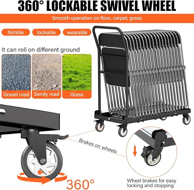 Folding Chair Cart,Tolerable 300 LBS,Multi-Function Chair Cart,Folding Chair Dolly, 4" 360 Degree Swivel Wheels with 12 Folding Chairs Capacity for Commercial & Home Kitchen Folding Chair Racks